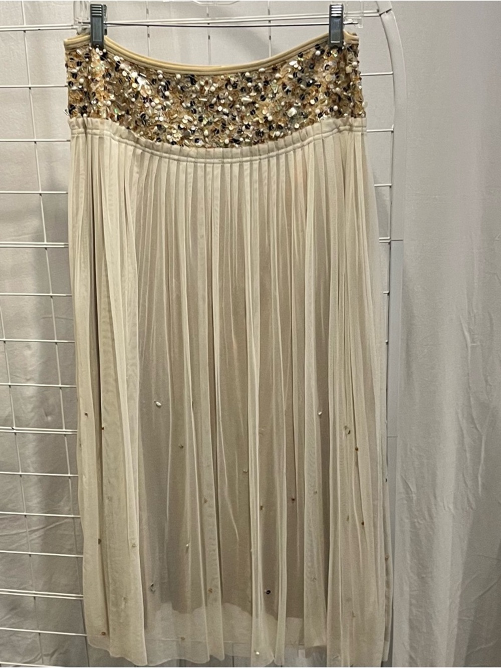 Vintage Basil & Maude Mesh Lined Maxi Skirt Beaded Waist Cream Pleated Size 8